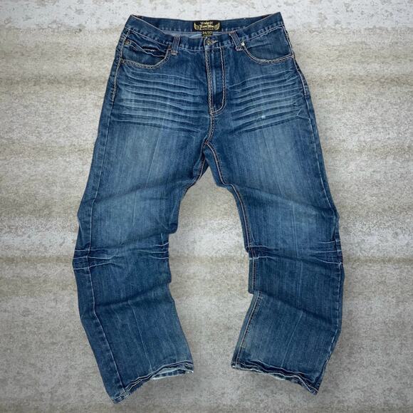 Vintage Y2K Skater Jeans 34x32 Baggy Wide Leg Blue Dark Wash Denim Embroidered - Picture 2 of 9